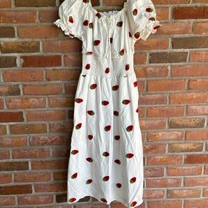 Parami Designs white cottage core dress with embroidered strawberries